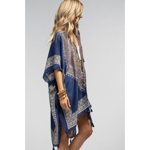 Azura Navy Ethnic Motif Print Tassel Kimono Wrap Open Coverup Top One Size - Picture 6 of 6